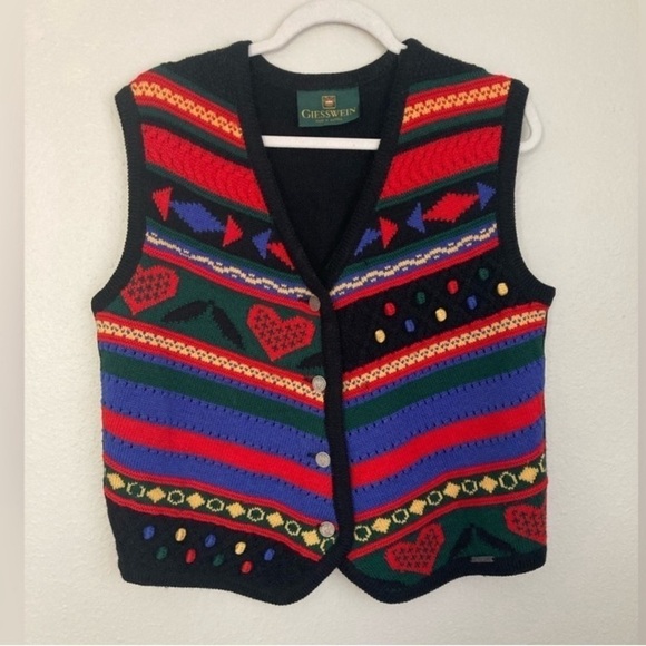 Giesswein Austria New Pure Wool Folk Artsy Knit Vest Women’s Size Medium Heart - Picture 11 of 11